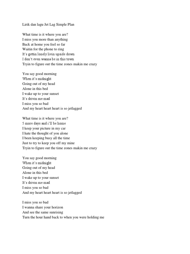 Lirik Dan Lagu Jet Lag Simple Plan