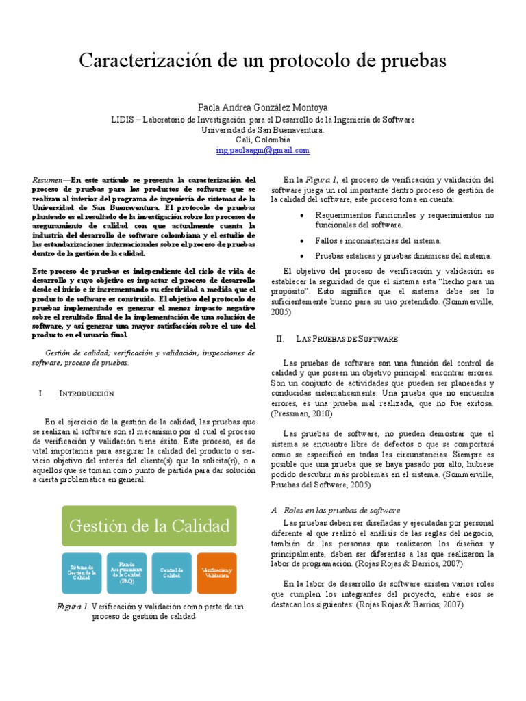 Caracterización de un protocolo de pruebas Pruebas de