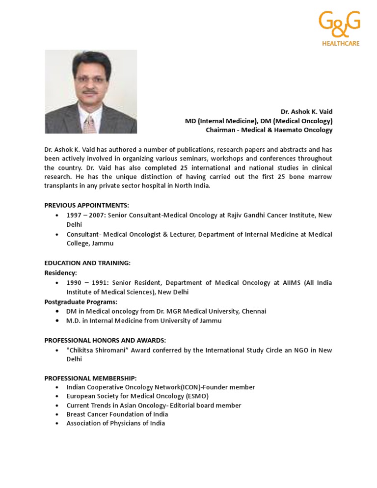 Dr. Ashok K. Vaid: Oncology Expert | PDF | Self-Improvement | Wellness