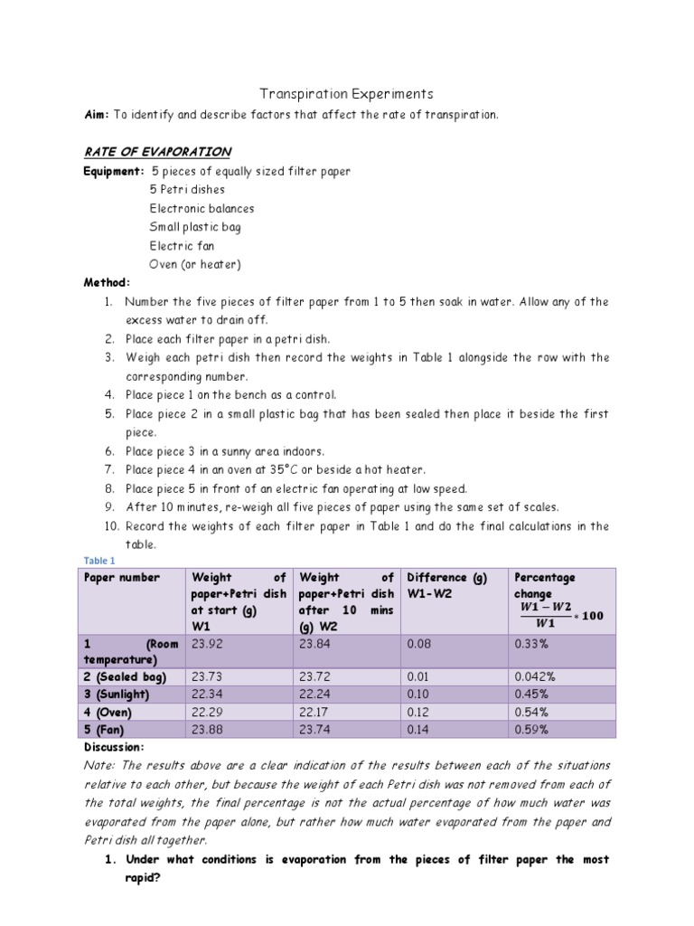 Transpiration Experiments Stoma Botany