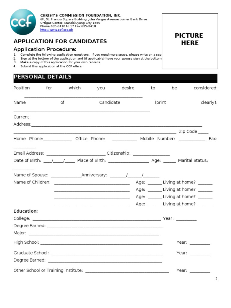 CCF Candidate Application Form | PDF | Good Works | Baptism