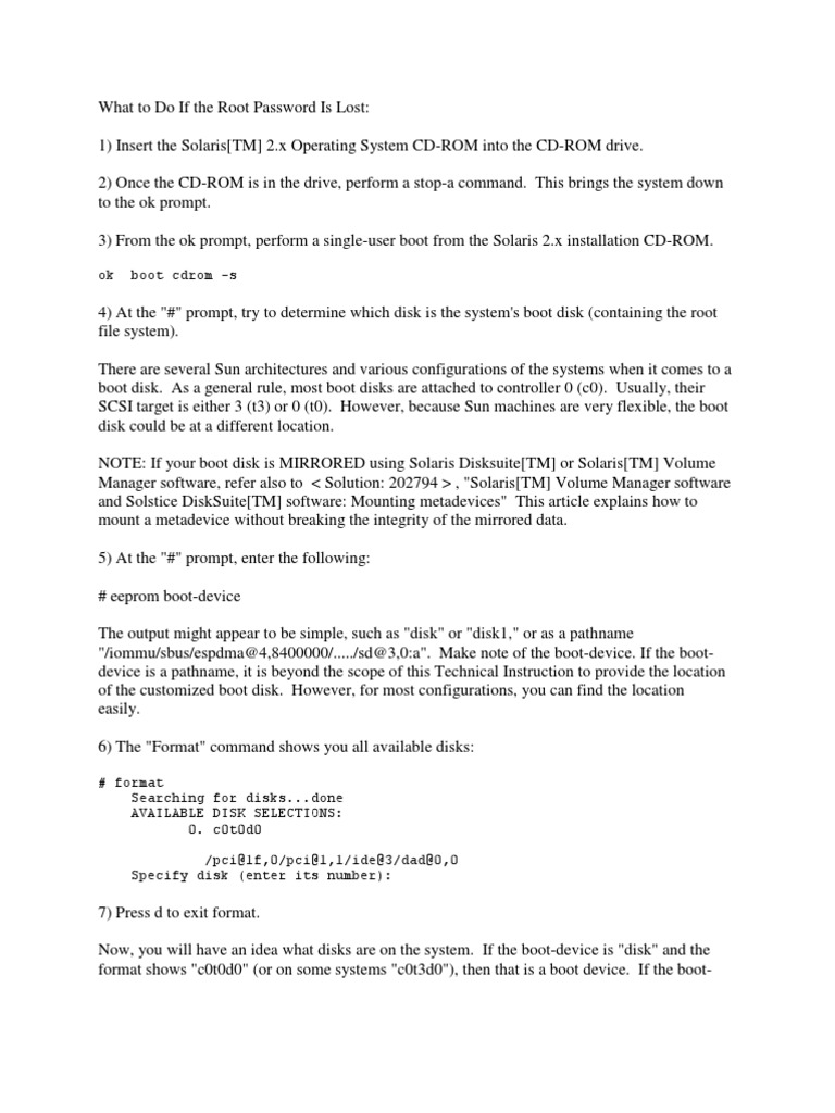 Resetting Root Password in Solaris | PDF | Superuser | Booting