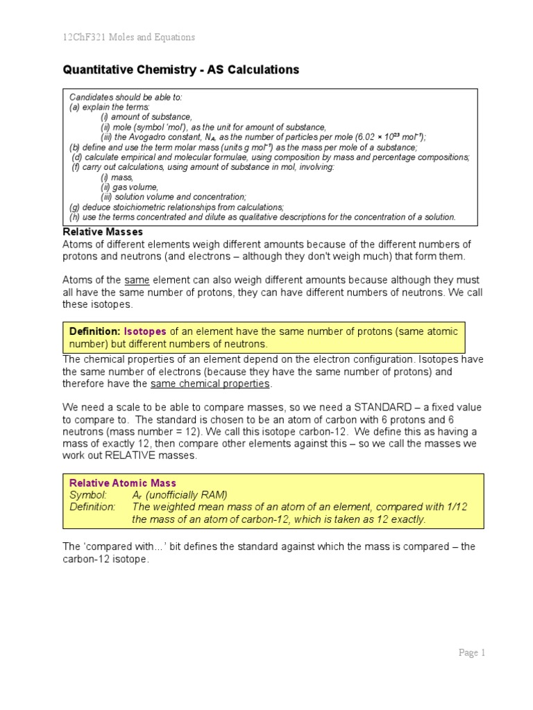 Moles and Equations in Chemistry | PDF | Concentration | Mole (Unit)