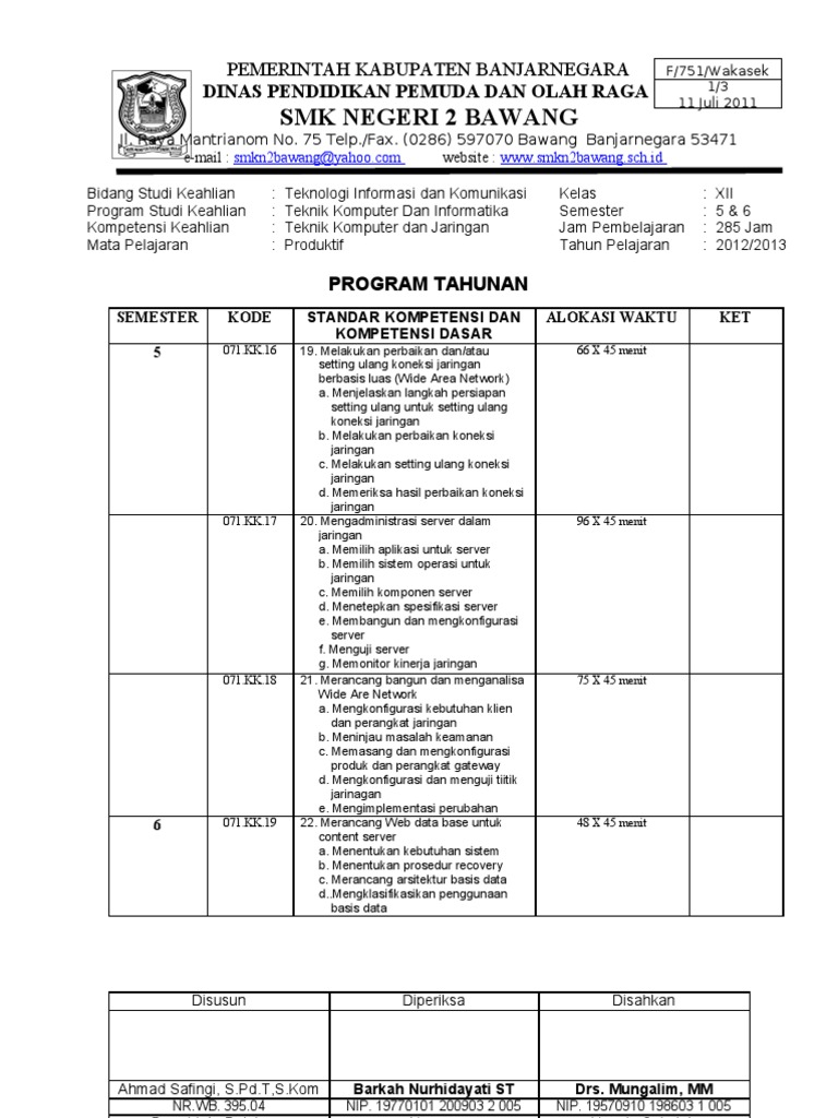 Contoh Program Tahunan Kelas 12 TKJ Smk n 2 Bawang oleh ahmad safingi