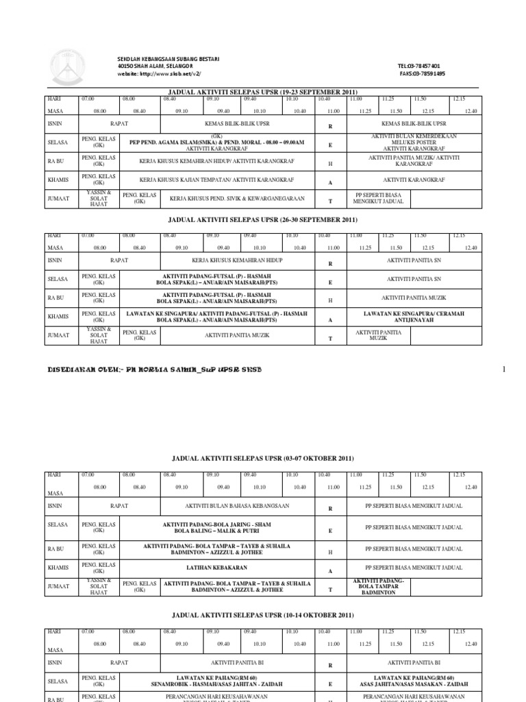 Jadual Aktiviti Selepas Upsr 2011 Pdf