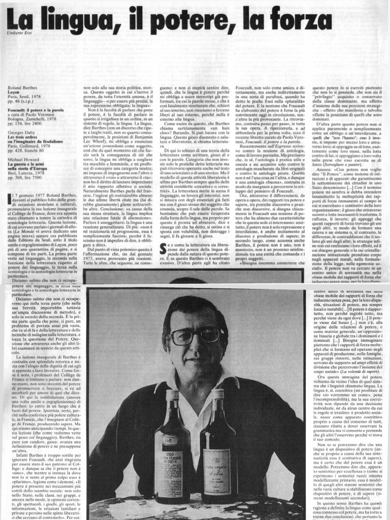 Umberto Eco - La Lingua, Il Potere, La Forza - Alfabeta n.1 Maggio ...