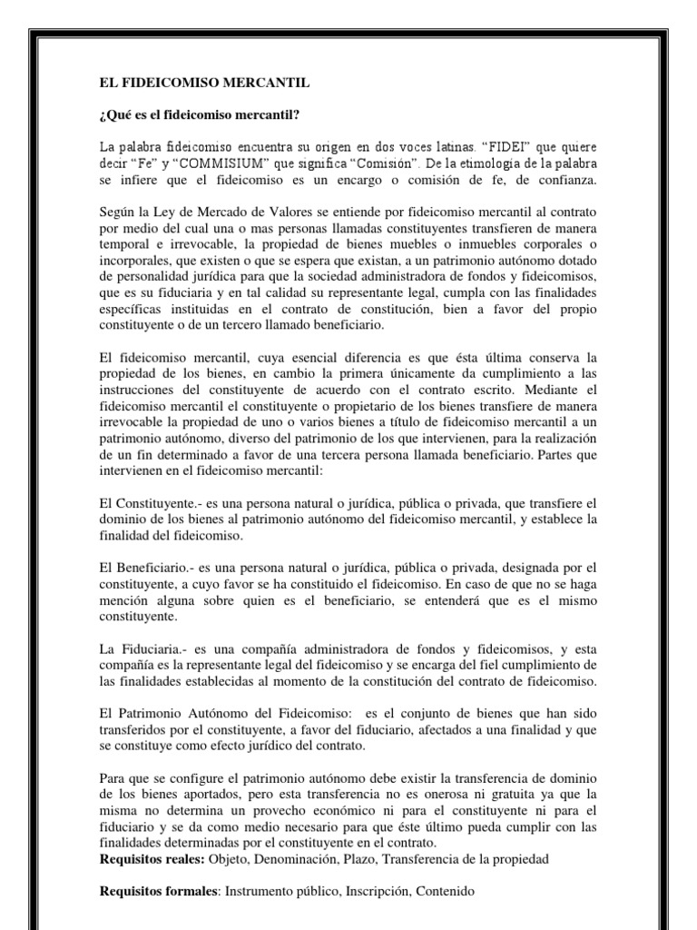 El Fideicomiso Mercantil Ley De Fideicomiso Bienes Ley