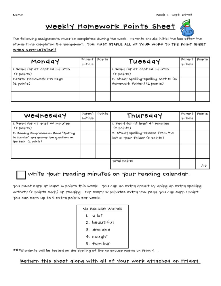 Weekly Homework Points Tracker | PDF