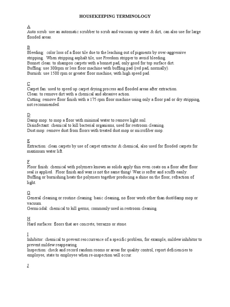 Housekeeping Terminology | PDF