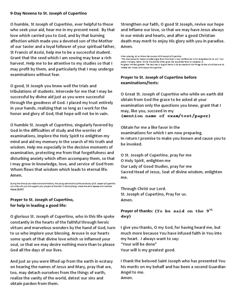 Prayer to St. Joseph of Cupertino Grace In Christianity Prayer