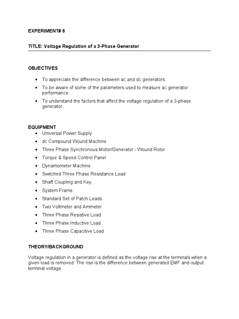 Experiment 8 TITLE Voltage Regulation of A 3Phase Generator PDF Electric Generator