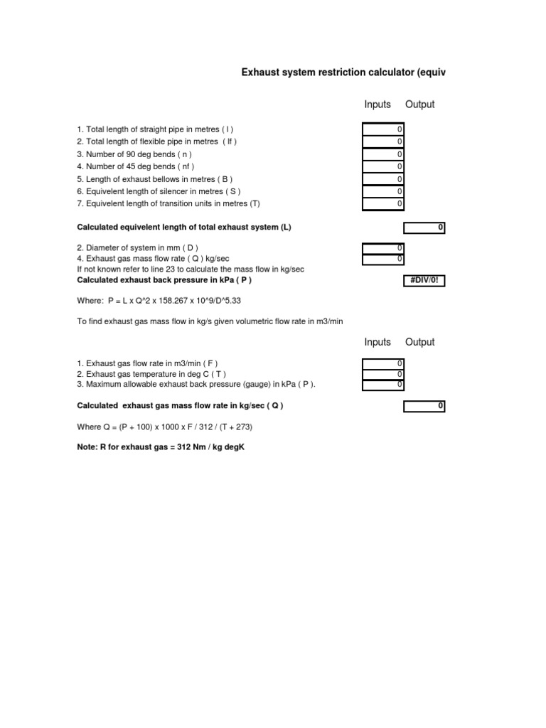 Exhaust System Restriction Calculator (Equivelent Length of Pipe Method