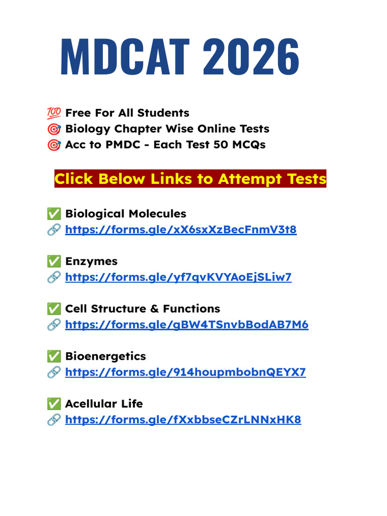 MDCAT 2026 Essential Tests | PDF | Chemistry | Biology