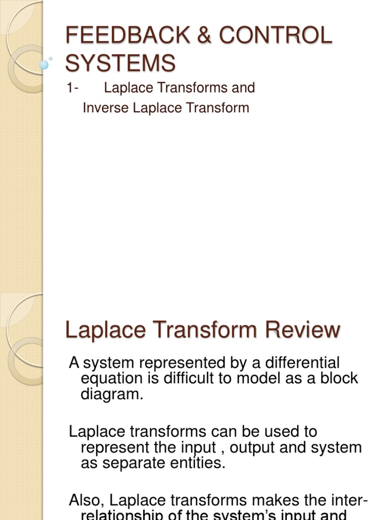 Feedback Control Systems 1 Laplace Transforms And Inverse Laplace