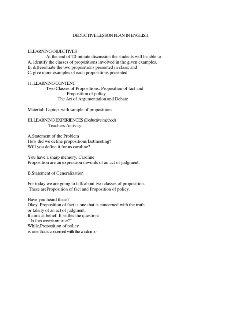 Deductive Lesson Plan In English