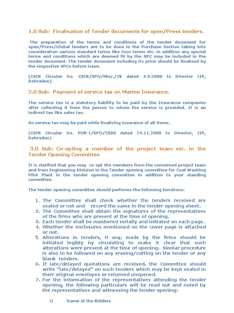 1.0 Sub: Finalisation of Tender Documents For Open/press Tenders | PDF ...