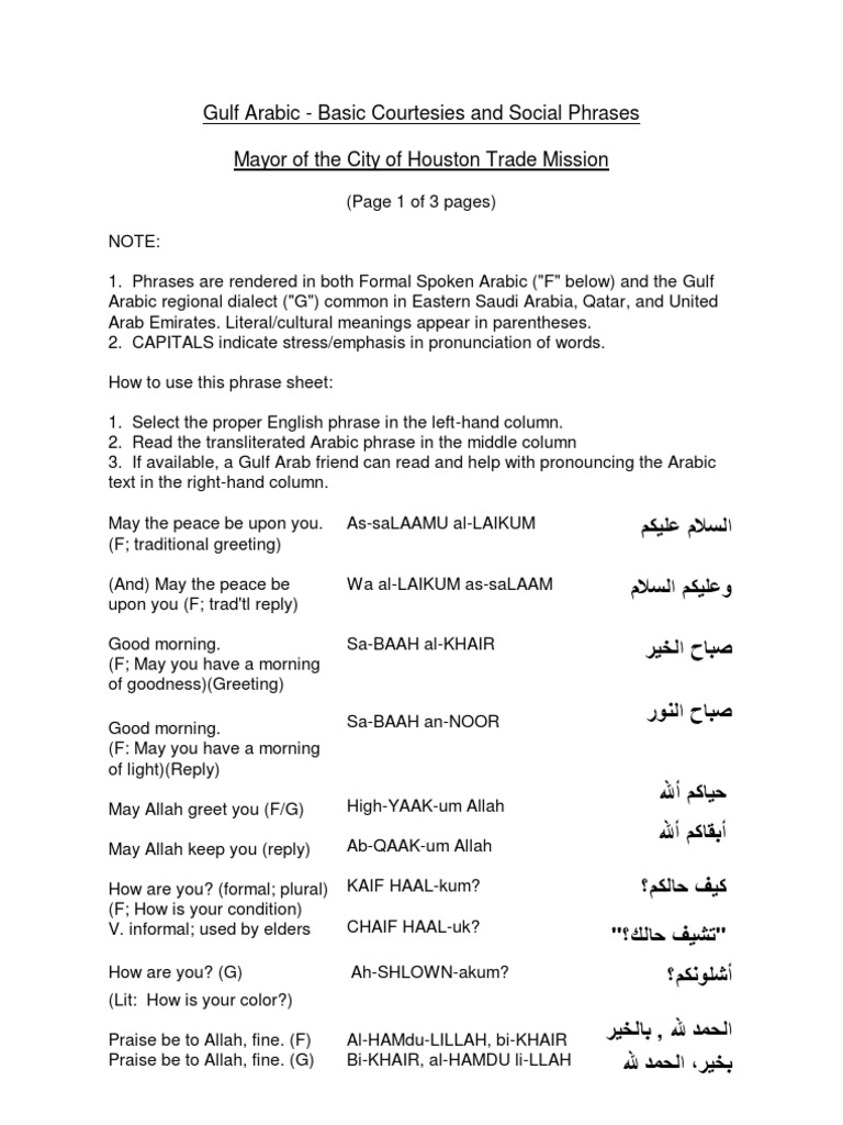Gulf Arabic Basic Courtesies & Social Phrases (120903) Arabic Arabs