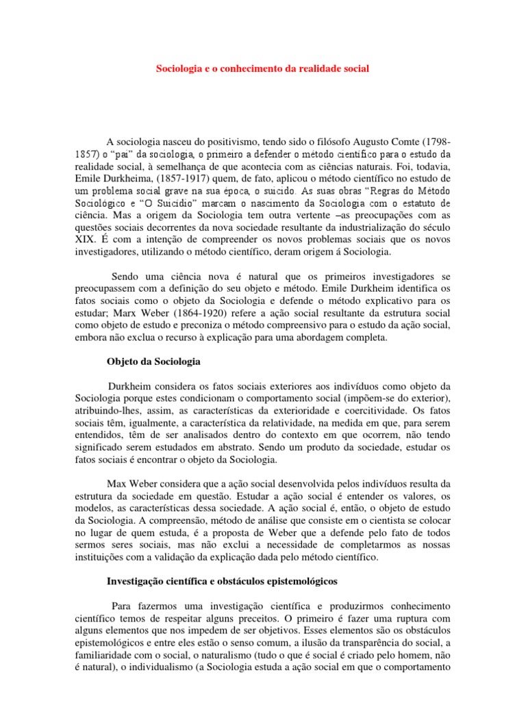 Sociologia e a Compreensão da Realidade Social | PDF | Sociologia ...