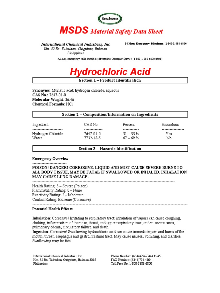 Material Safety Data Sheet Hydrochloric Acid PDF Hydrochloric Acid