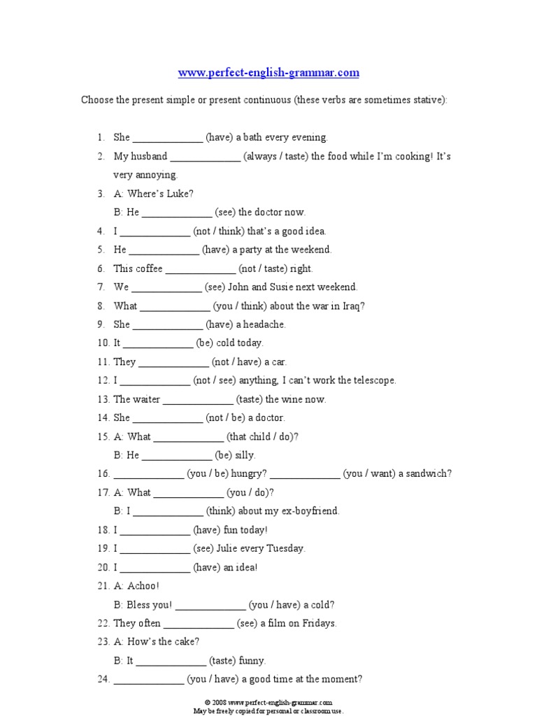 stative verbs worksheet