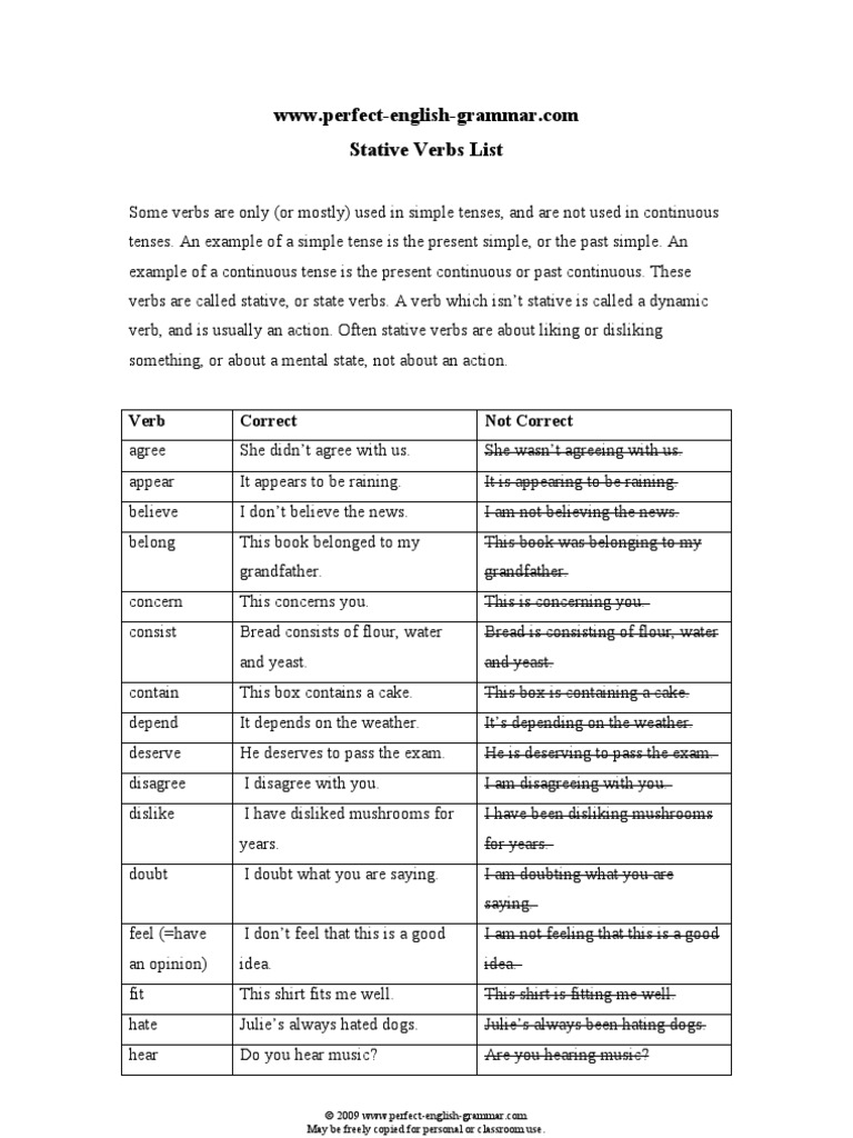 Stative Verbs List Verb Grammar