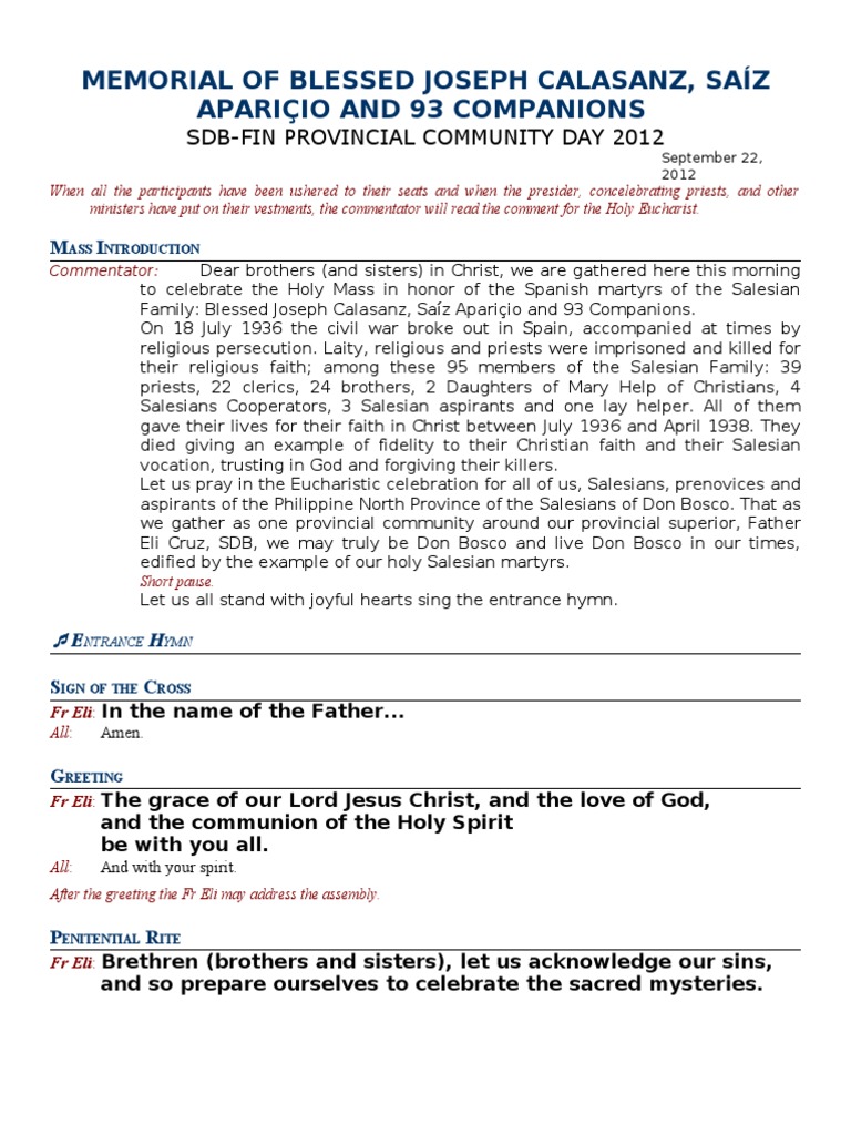 Mass Introduction for Salesian Martyrs | PDF | Eucharist | Mass (Liturgy)