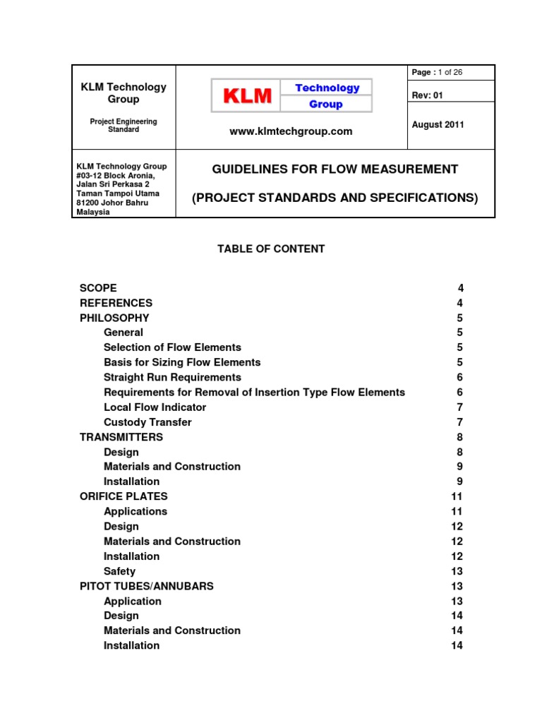 Project Standards and Specifications Flow Measurment Rev01 | PDF