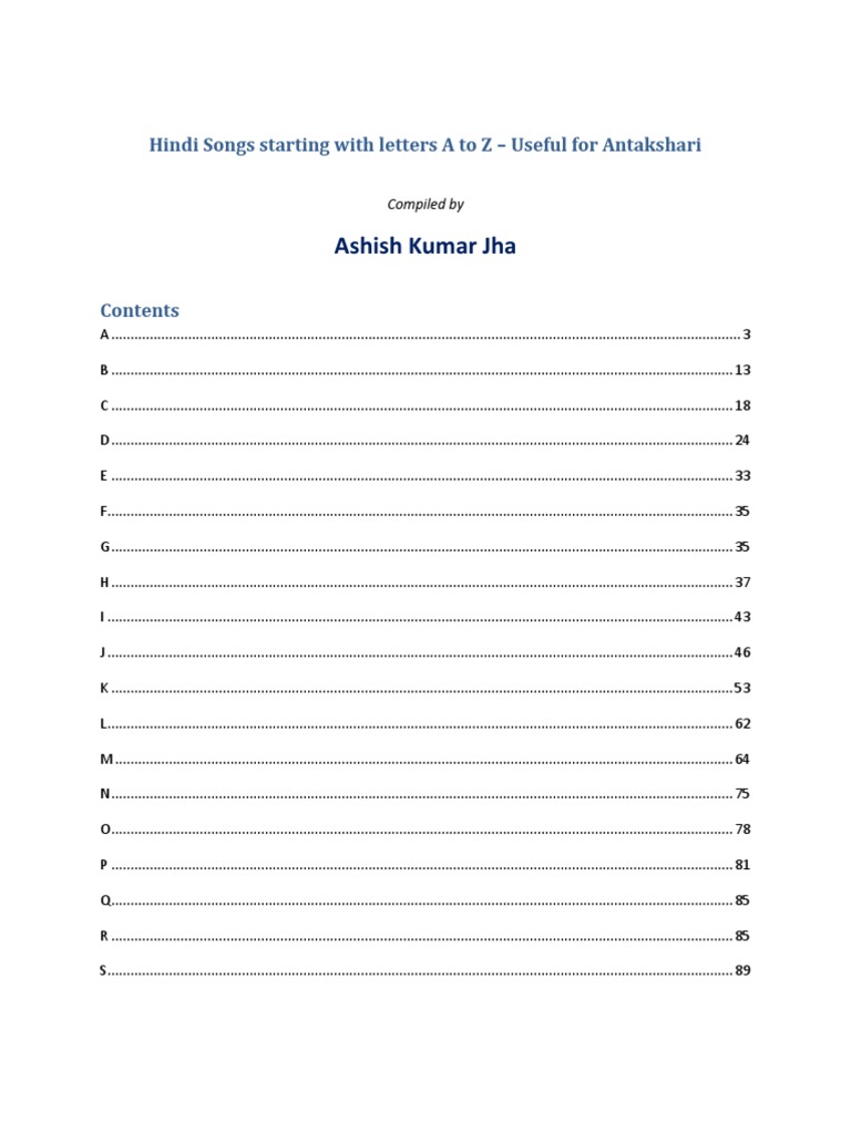 Hindi Songs for Antakshari AtoZ Ashish Kumar Jha
