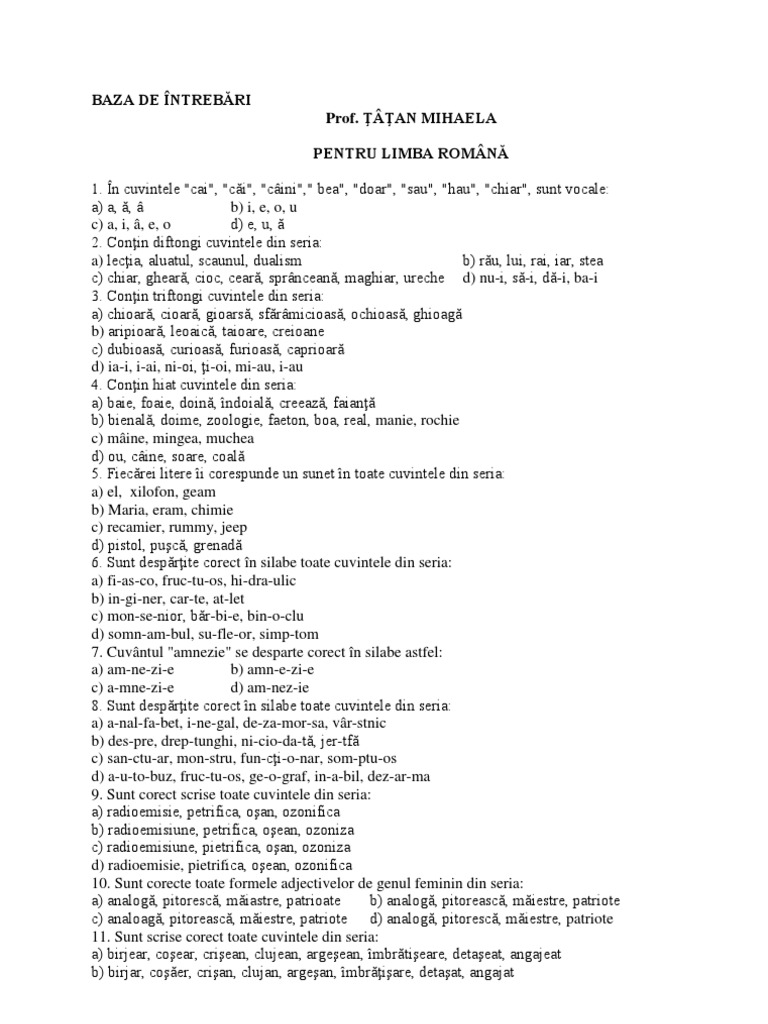 Test Grila Gramatica Romana | PDF