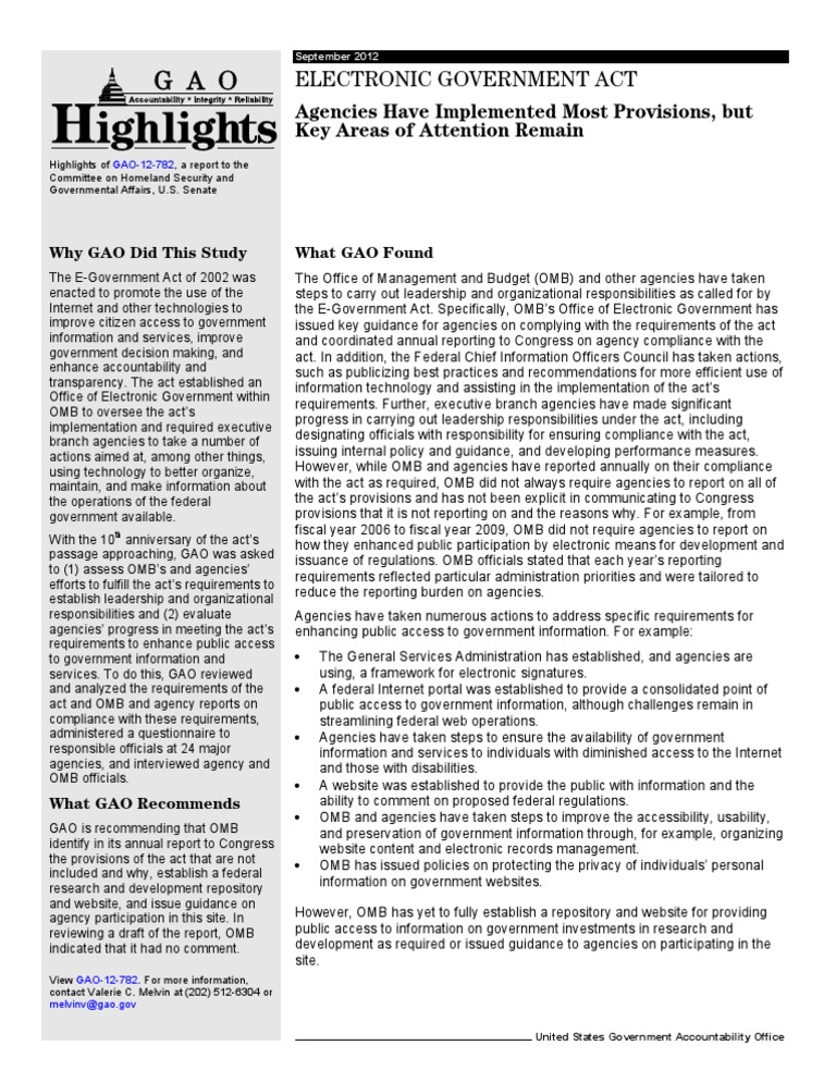 Electronic Government Act Agencies Have Implemented Most Provisions