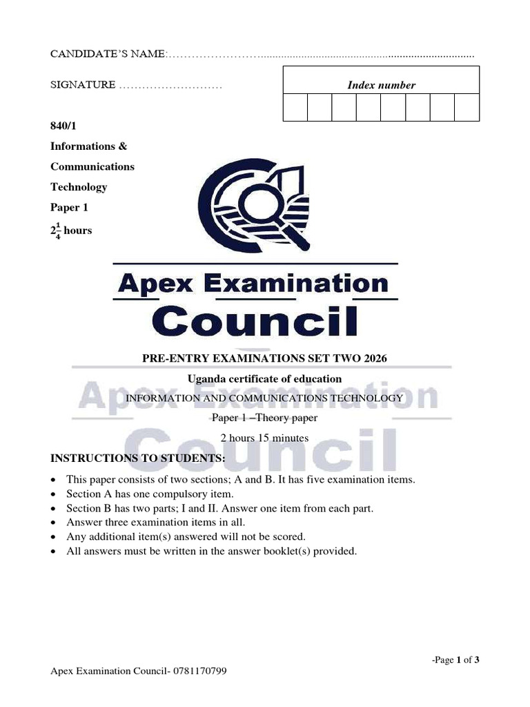 s4 Uce Ict Computer Paper 1 Pre Mock 2026 Apex Examinations ...