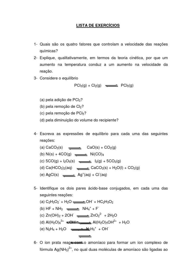 2º Lista de Exercícios - Quimica Inorganica | PDF | Reações químicas ...