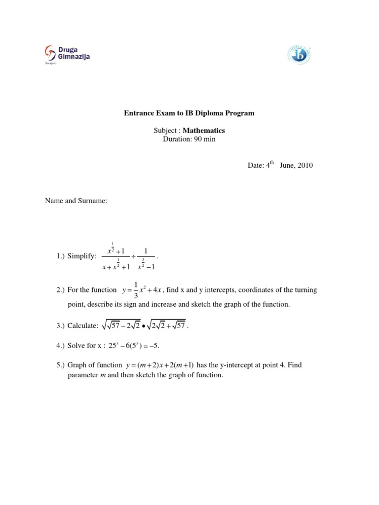 IB Diploma Math Entrance Exam Sample | PDF | Teaching Methods ...