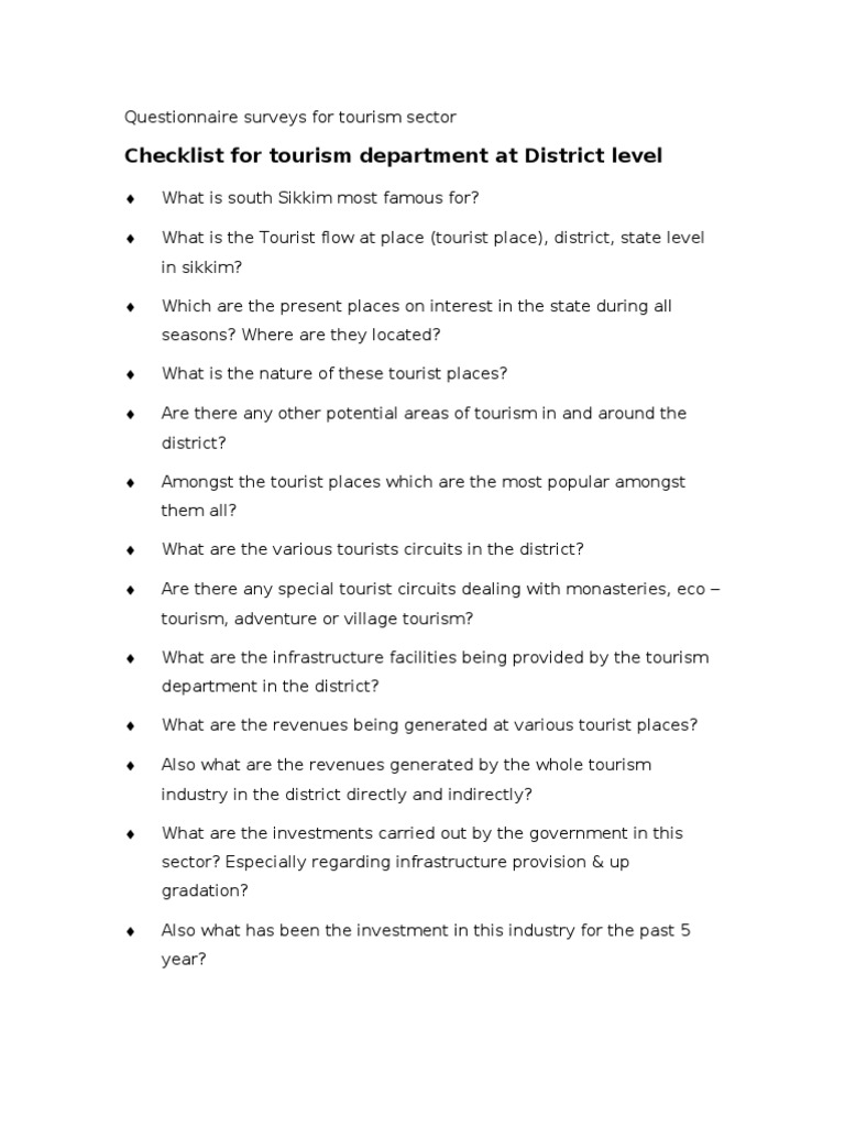 Questionnaire Surveys for Tourism Sector Tourism Hotel