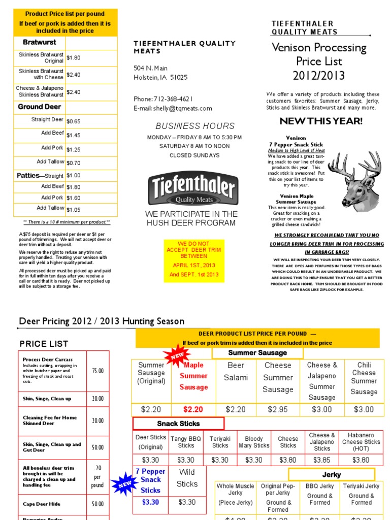 Deer Processing Guidelines & Pricing | PDF | Sausage | Jerky