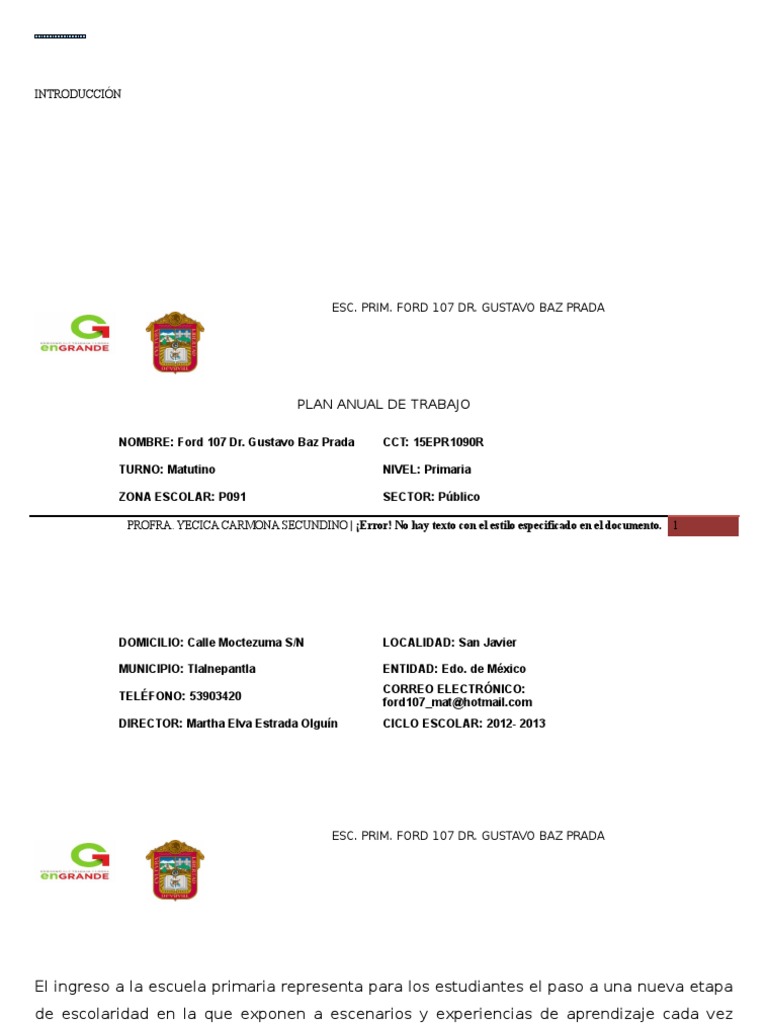 Plan Anual de Trabajo de Primer Grado Grupo A Ford 107 PDF Lectura