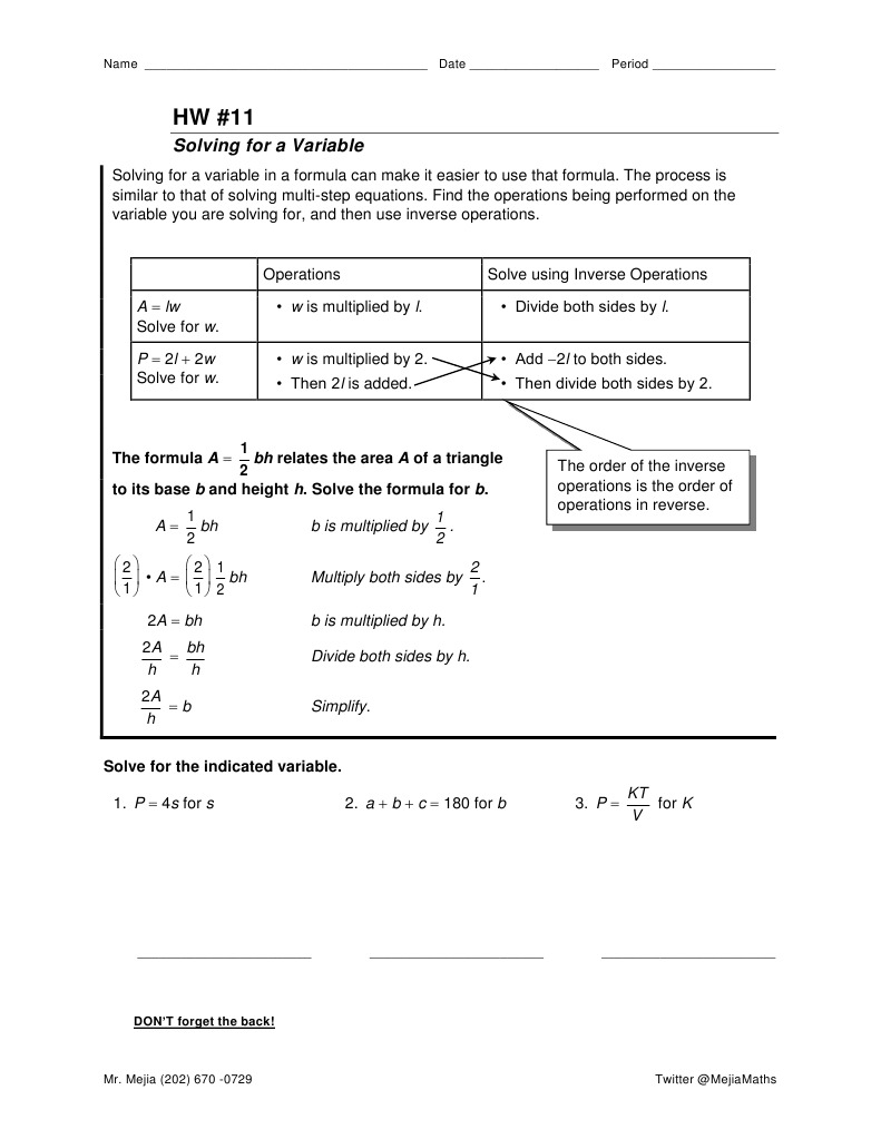 Solving for Variables in Formulas | PDF