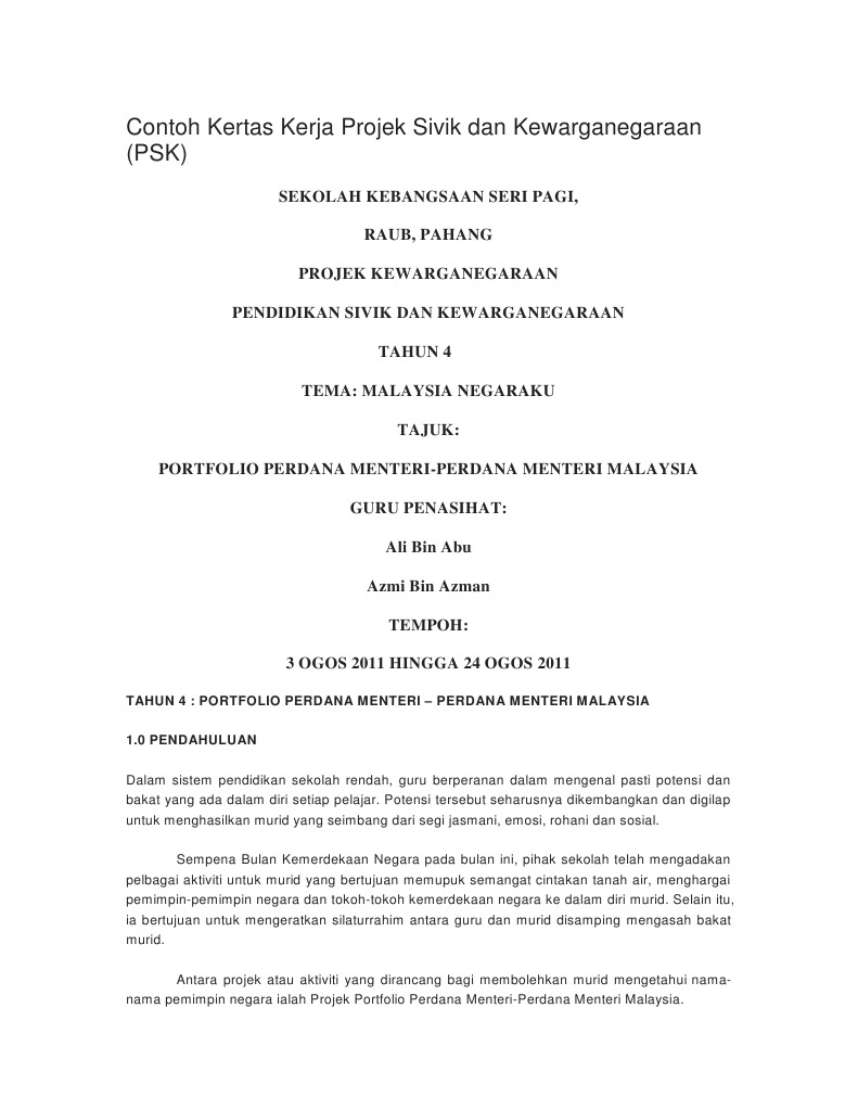 Contoh Kertas Kerja Projek Sivik Dan Kewarganegaraan