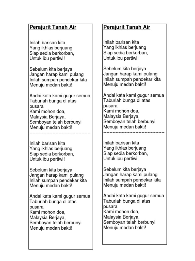 Lirik Lagu Perajurit Tanah Air Tahun 6C