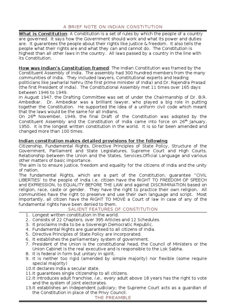 A Brief Note on Indian Constitution Constitution Citizenship