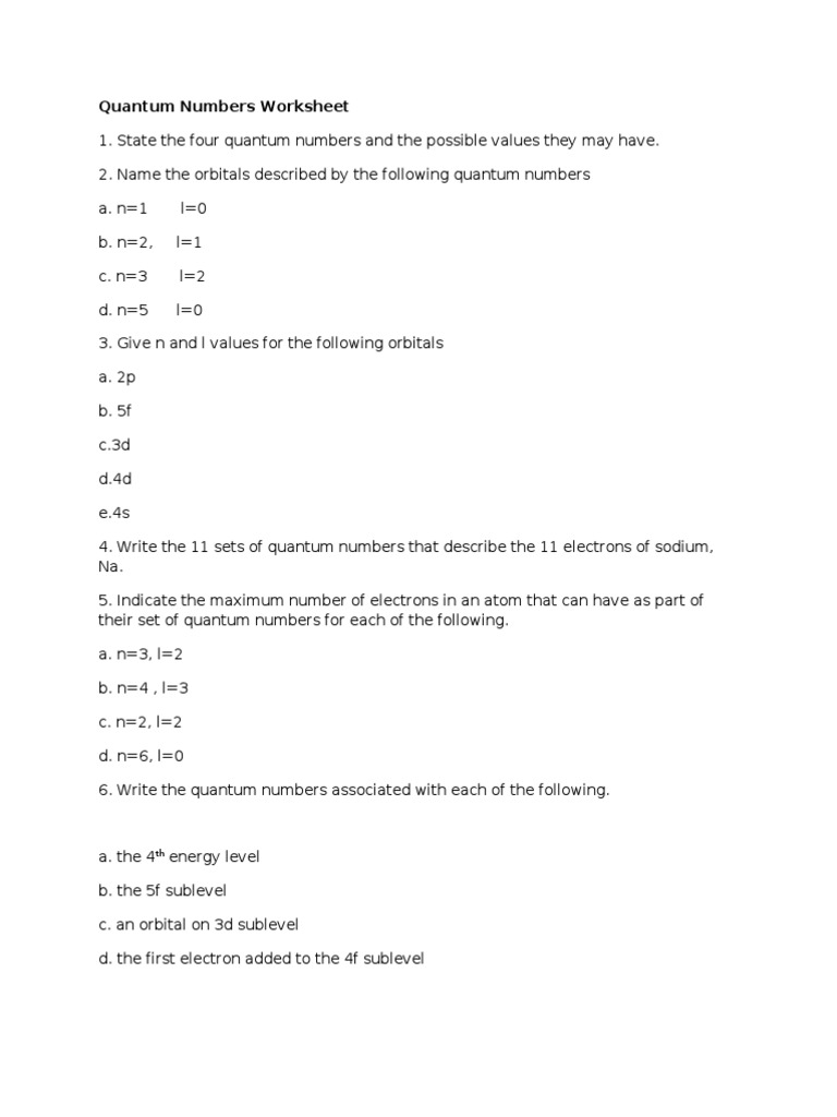 Quantum Numbers Worksheet Atomic Orbital Electron