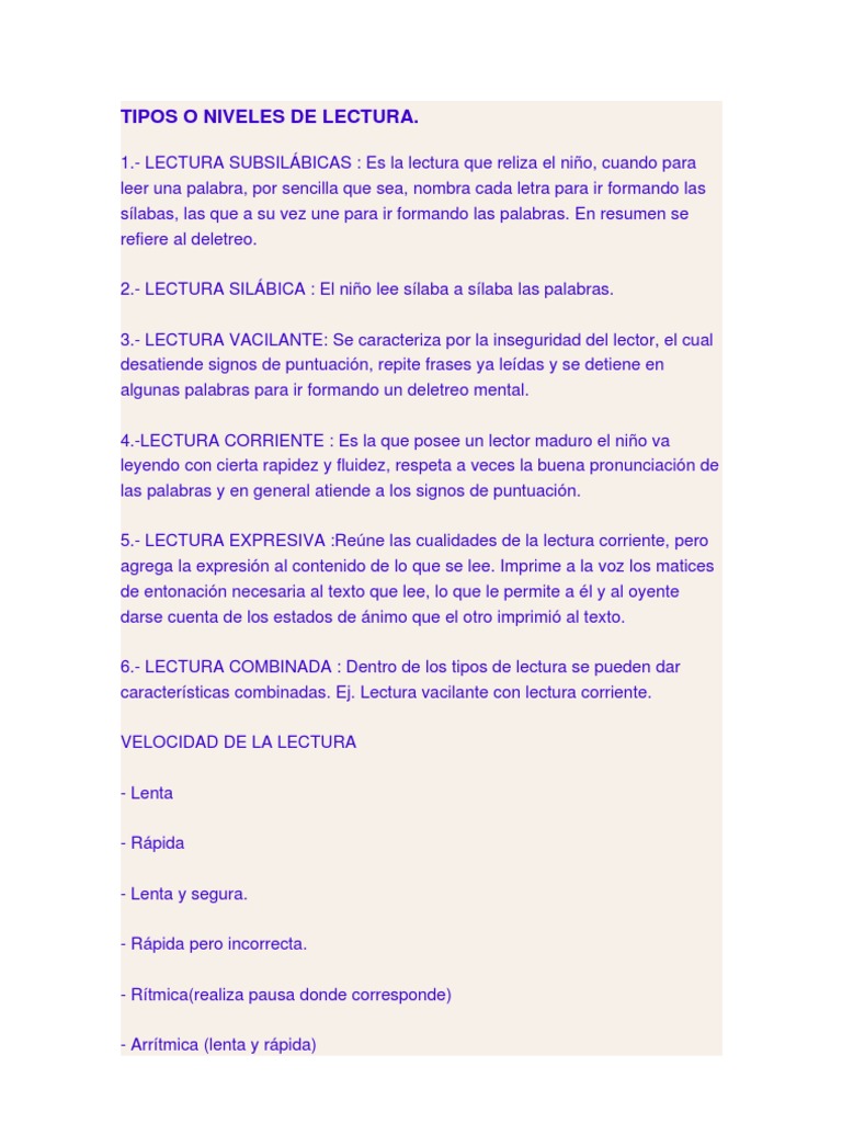 Tipos y Niveles de Lectura Infantil | PDF