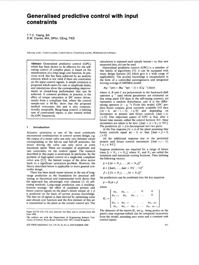 Generalised Predictive Control With Input Constraints | PDF ...
