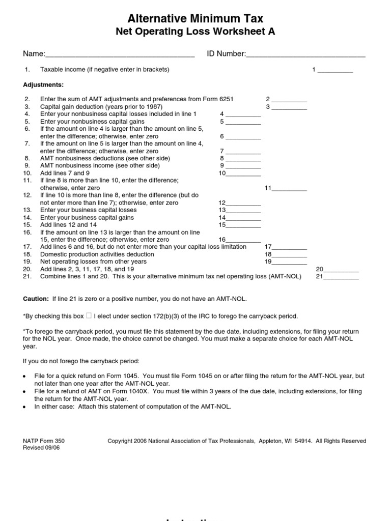AMT NOL Calculation Worksheet PDF Alternative Minimum Tax Tax