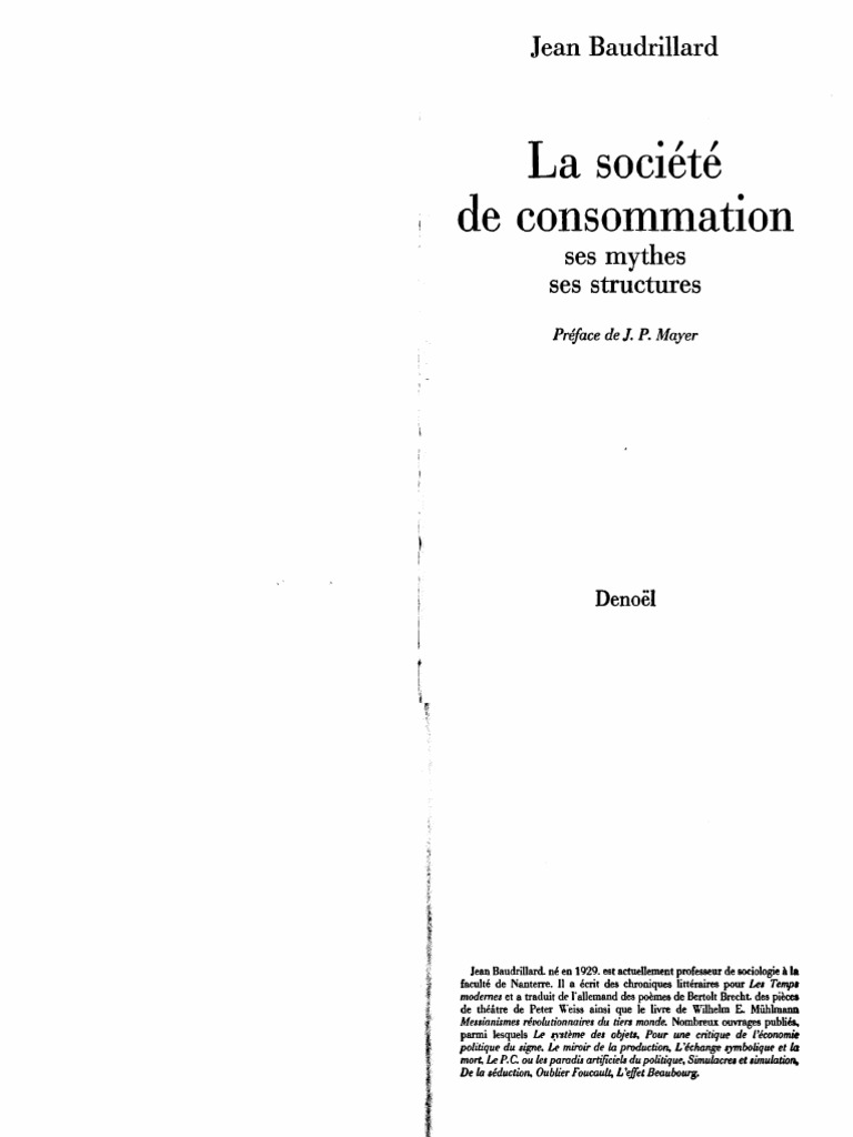 Jean Baudrillard La Societe de Consommation 1996 PDF