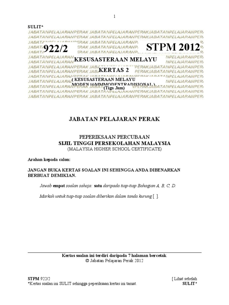 STPM 2012 922/2: Kertas 2 Kesusasteraan Melayu