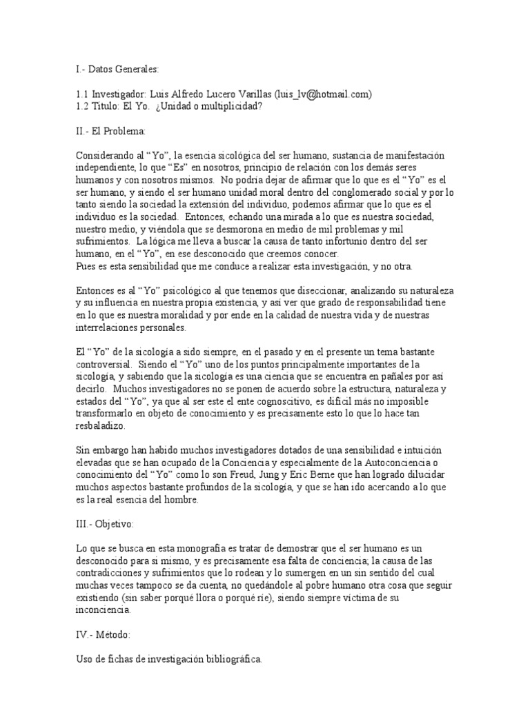 El Yo: Unidad o Multiplicidad en Psicología | PDF | Carné de identidad ...