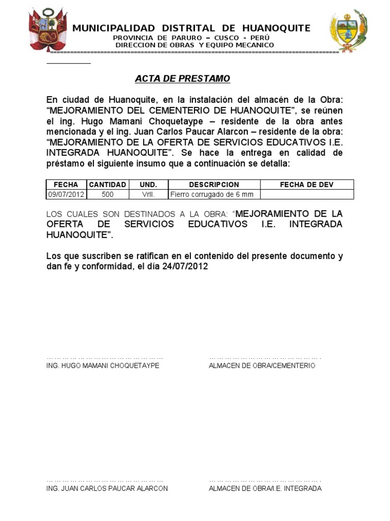 Acta De Entrega De Equipos En Calidad De Prestamo - dinero 