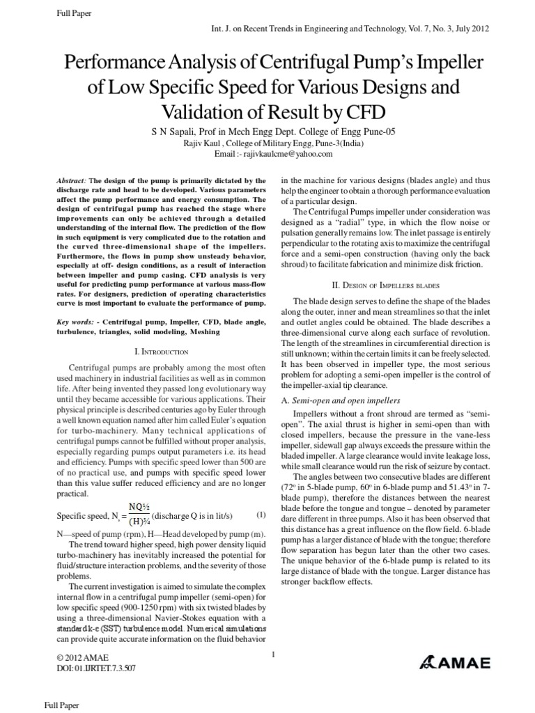 Performance Analysis of Centrifugal Pump's Impeller of Low Specific ...