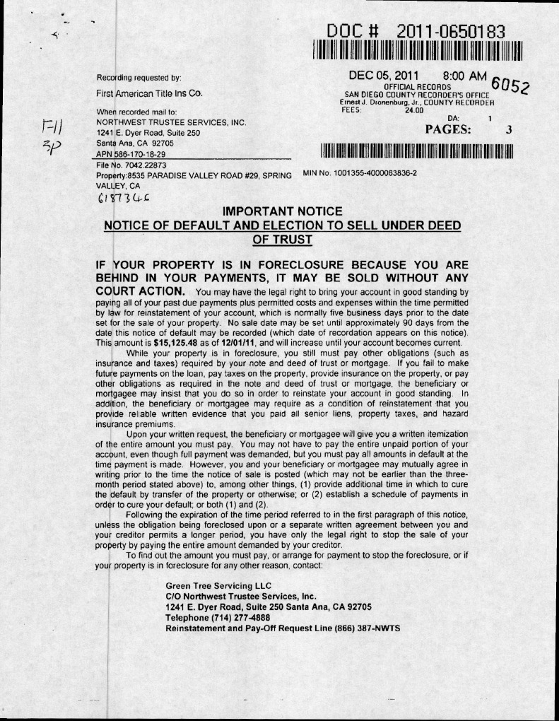 120511 Notice of Default | Deed Of Trust (Real Estate) | Mortgage Law